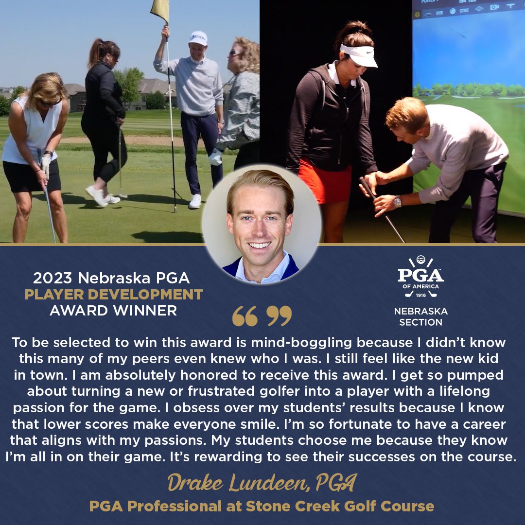 Drake Lundeen, PGA of <a href="/GolfStone_Creek/">Stone Creek Golf Course Omaha</a> named the 2023 NEPGA Player Development Award Winner!

🔷723% increase in Clinic attendance under Lundeen
🔷Sent students to the <a href="/DriveChipPutt/">Drive, Chip & Putt</a> National Finals
🔷Highlighted as a Modern PGA Coach by the <a href="/PGA/">PGA of America</a> 

Congrats Drake! 👏