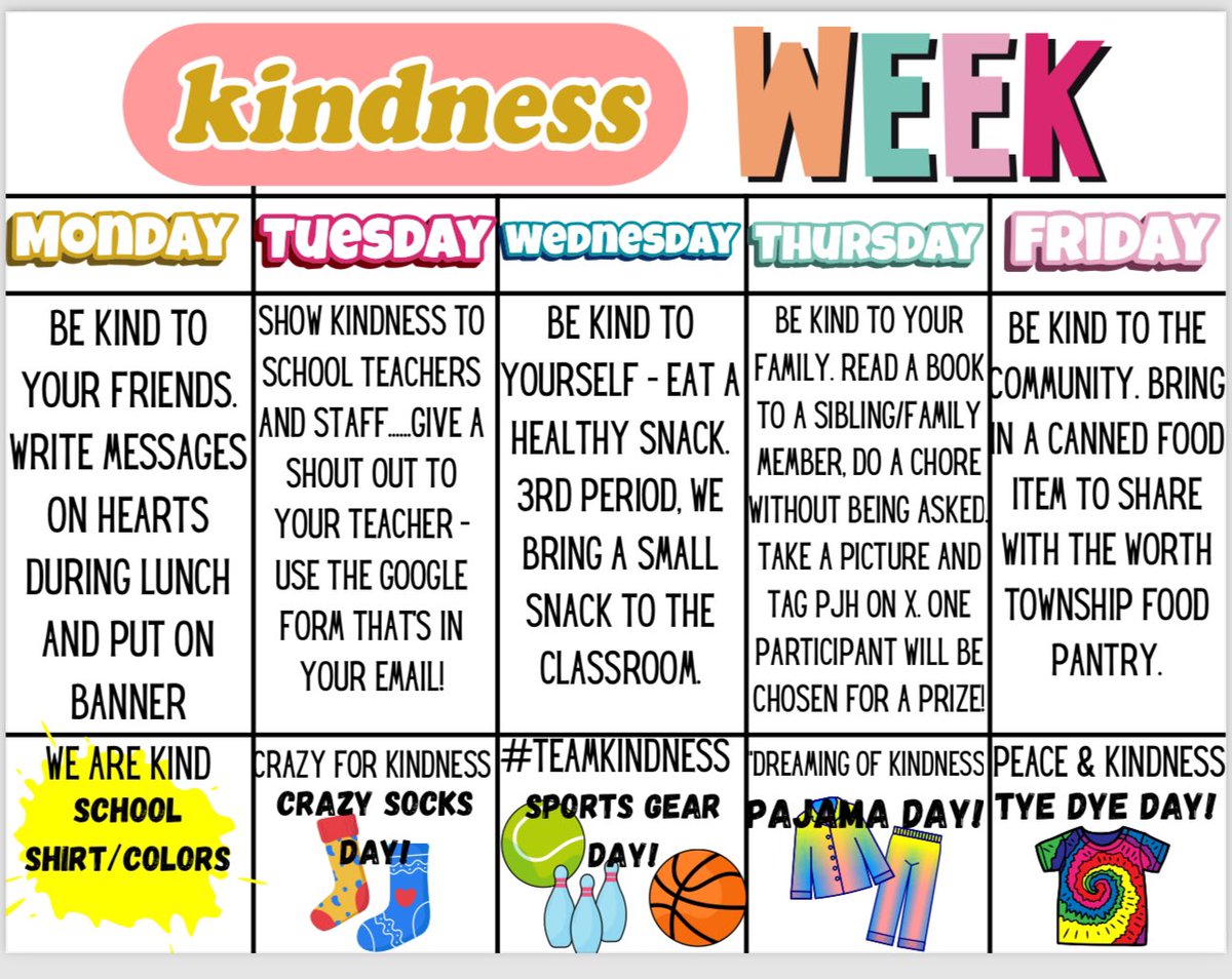 Next week PJH will be participating in Kindness Week. Along with the spirit week, we will be celebrating acts of kindness and giving shout outs to students being kind.