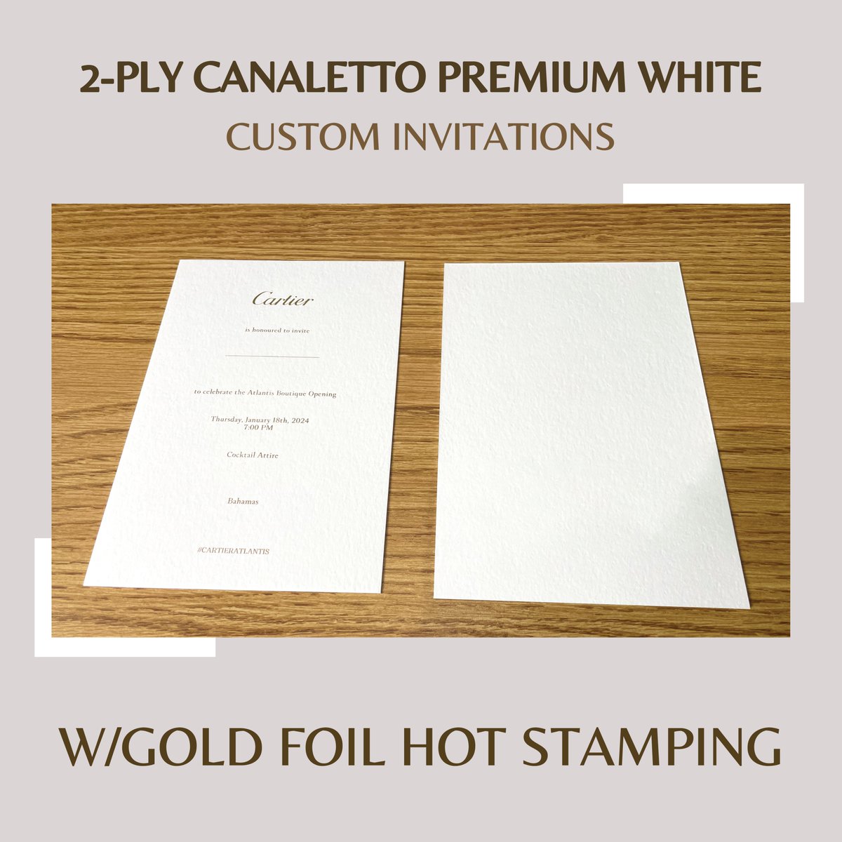 LifeInColors_'s tweet image. 📷 Unveil the allure of sophistication with our premium invitations! 🎆 Experience the magic of gold foil hot stamping on exquisite 2-ply Canaletto Premium White paper, creating invitations that speak volumes about your special event. 🪄 #premiuminvitations #goldfoildetailing