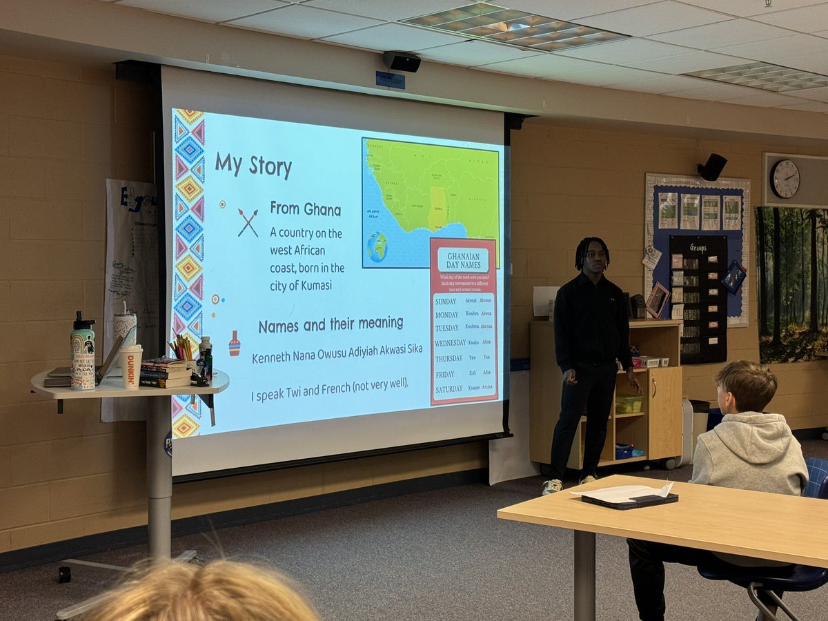 8th graders got to hear from my favorite guest speaker today! Ken kicked off the Africa inquiry unit by speaking about his experiences growing up in Ghana. 🇬🇭 🤩 #WeAreD34 #Inquiry