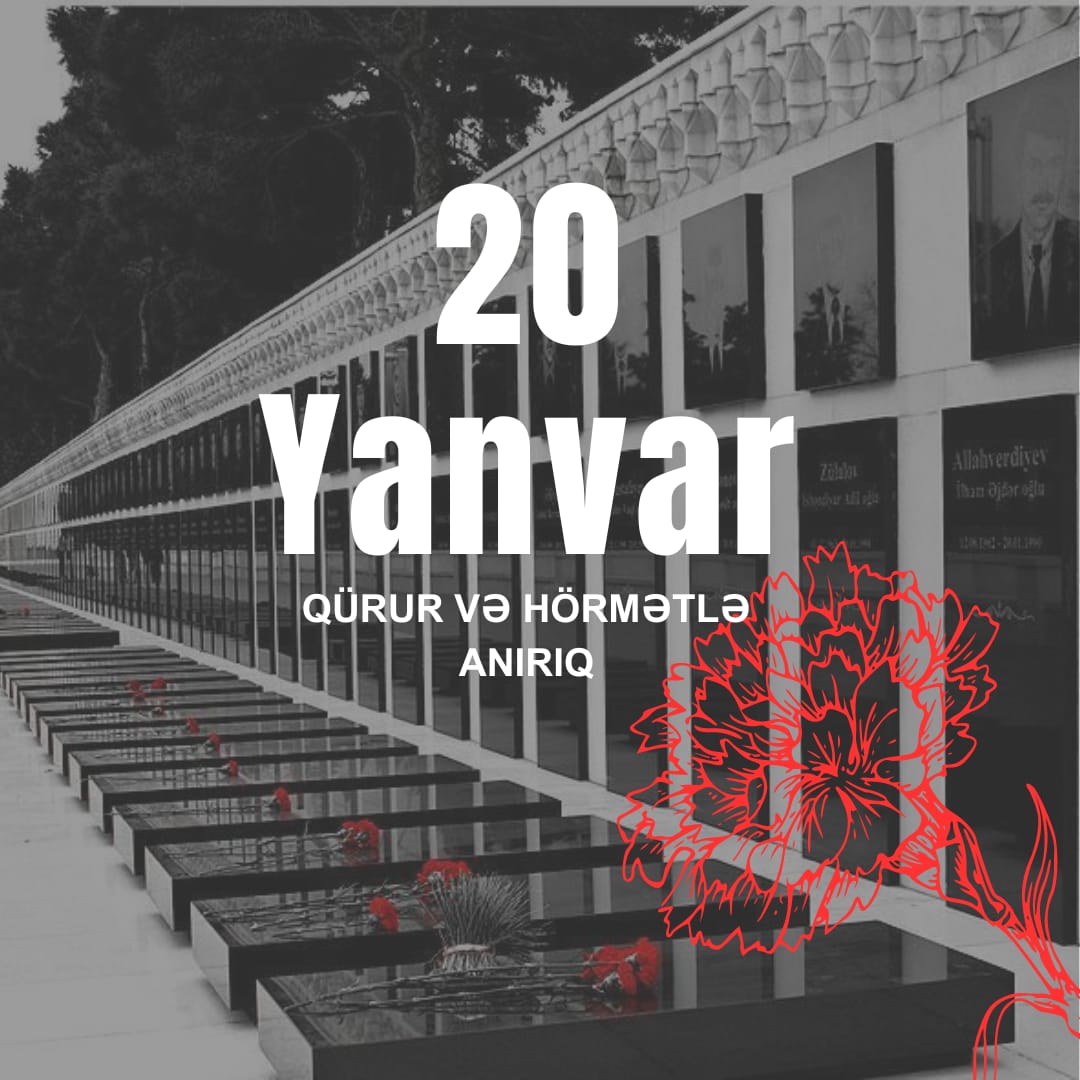 On the 34th anniversary of #20January tragedy, we commemorate the dearest memory of our Martyrs who sacrificed their lives for our independence. #20Yanvar faciəsinin 34-cü ildönümündə müstəqilliyimiz uğrunda canlarından keçən Şəhidlərimizin xatirəsini qürur və hörmətlə anırıq.