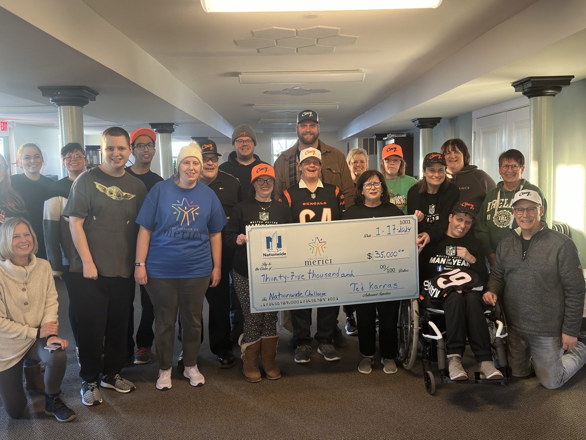 .@Bengals' center @_teddy_k, winner of this year's Nationwide Charity Challenge and nominee for the Walter Payton @NFL Man of the Year, presented a $35k check to his charity, @VillageofMerici.

Thanks to the fans who made this possible by voting in the #WPMOYChallenge!