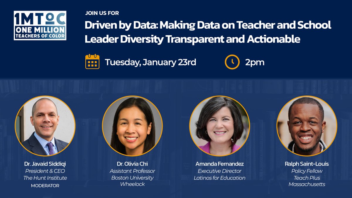 Our Founder and CEO, <a href="/AmanFernan24/">Amanda Fernandez</a>, will be part of the panel discussion, "Driven by Data: Making Data on Teacher and School Leader Diversity Transparent and Actionable" in the <a href="/1MToC/">One Million Teachers of Color</a> quarterly webinar series on Tuesday, 01/23.

RSVP now: ow.ly/fW0v50Qs96Z