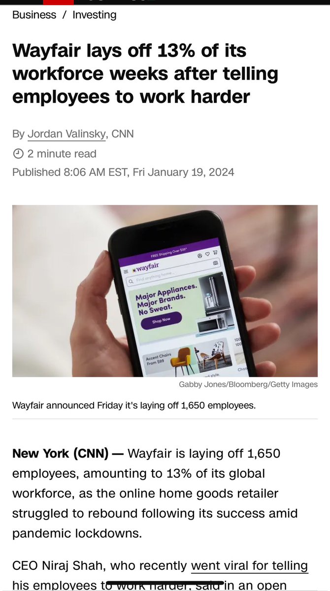 mtrainier2020's tweet photo. Wayfair这个涨幅真是血淋淋的。今天wayfair 裁员裁了13%，然后跟剩下的人说，更加努力工作。😆 https://t.co/3JufXcHlOr
