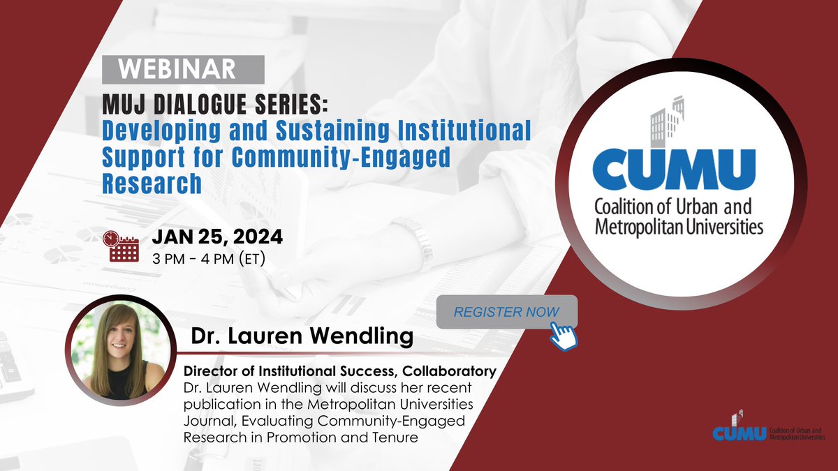 Explore ideas from MUJ's recent issue, hearing from experts on community-engaged research; Dr. Lauren Wendling will discuss her article, "Evaluating Community-Engaged Research in Promotion and Tenure." Register now: bit.ly/424cZp8! Date: Jan 25th from 3-4 pmET #HigherEd