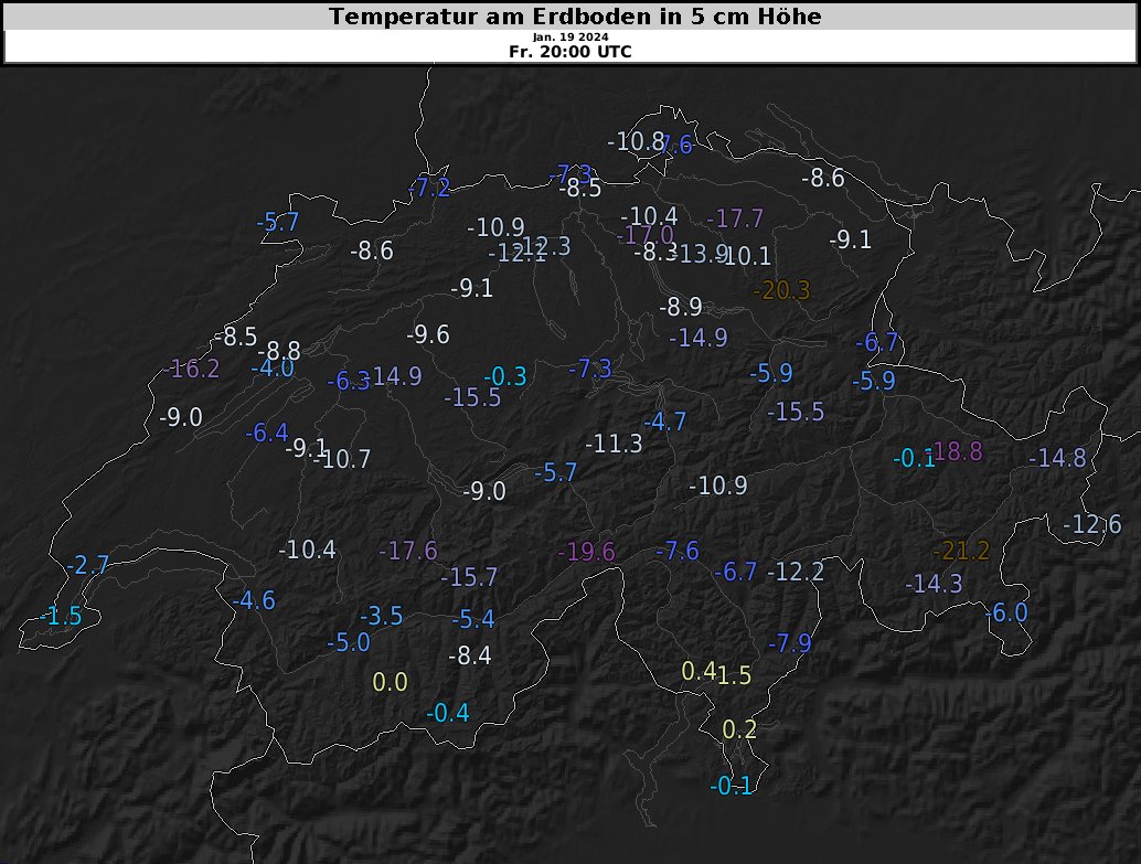meteoschweiz's tweet image. Temperaturen auf Talfahrt: Arktische Kaltluft direkt vom #Nordpol sorgt unter klarem Himmel und über #Schnee für eine sehr frostige Nacht! 🥶 In Aadorf / #Tänikon z.B. wurden bereits bis 21 Uhr -12.3 Grad bzw. -17.7 Grad (5 cm über Boden) gemessen - und die Nacht ist noch jung...