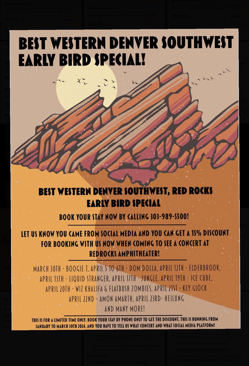 BestWestDenver's tweet photo. Unlock exclusive savings! 🎸 Book your stay for the September Red Rocks concert between January and March 30 2024, and enjoy a 15% discount. 🏨 Call 303-989-5500, mention social media, and secure your spot! Limited time offer, phone bookings only. 📞 #RedRocksDeal #ConcertGetaway https://t.co/VAf1Ubbfz5