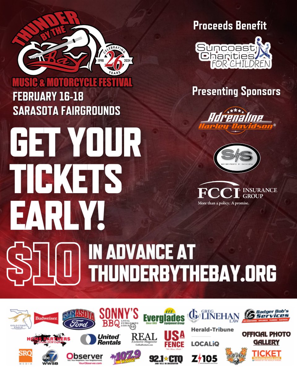 thunderbythebay's tweet photo. Ride your bike, grab a drink, and join the Suncoast's legendary 3-day music and motorcycle fest! 🏍🎶 All proceeds benefit Suncoast Charities for Children. 🌟 #tbtb2024

Secure your tix in advance at Adrenaline Harley-Davidson or online: https://t.co/GpuRQPIB2e. 🎟 https://t.co/Gs9S7ghmgj