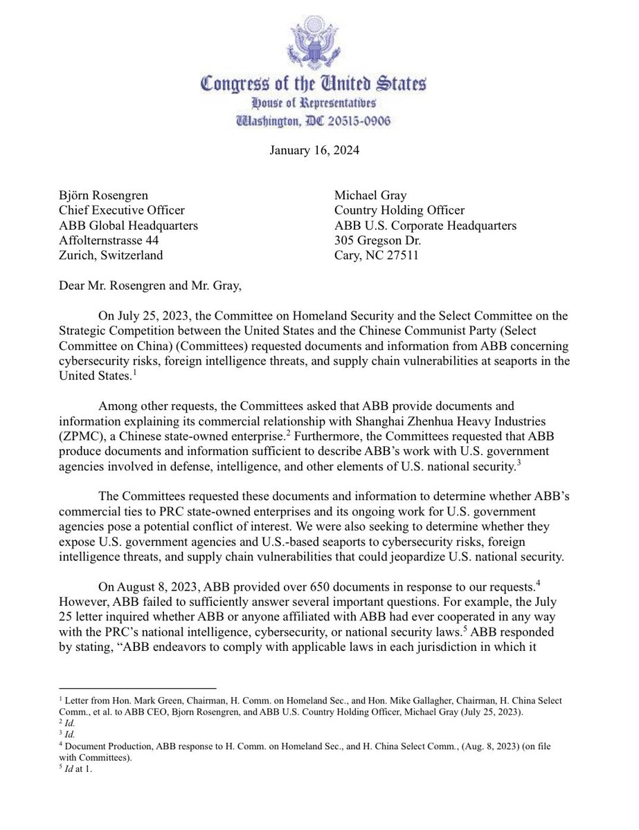 ChinaSelect's tweet photo. BREAKING: Chairman @chairmang, @HomelandGOP Chairman @RepMarkGreen, @RepCarlos, &amp; @RepPfluger deepen their investigation into security risks at U.S. maritime ports. 

They request testimony from @ABBNorthAmerica on its concerning ties to Chinese state-owned enterprises. ⬇️ https://t.co/KuwKrxWtTE