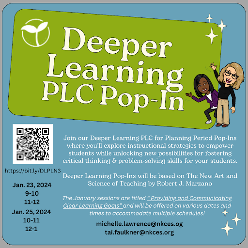 NKCESKids1st's tweet photo. Join us for a Deeper Learning PLC Pop-In! Our January topic is Providing and Communicating Clear Learning Goals. You can either join on your own or with your PLC. Pick the time that works for you. Register here: https://t.co/vuN4DMVfEM
#ConnectGrowServe #KYDL https://t.co/6htiyX0XOk