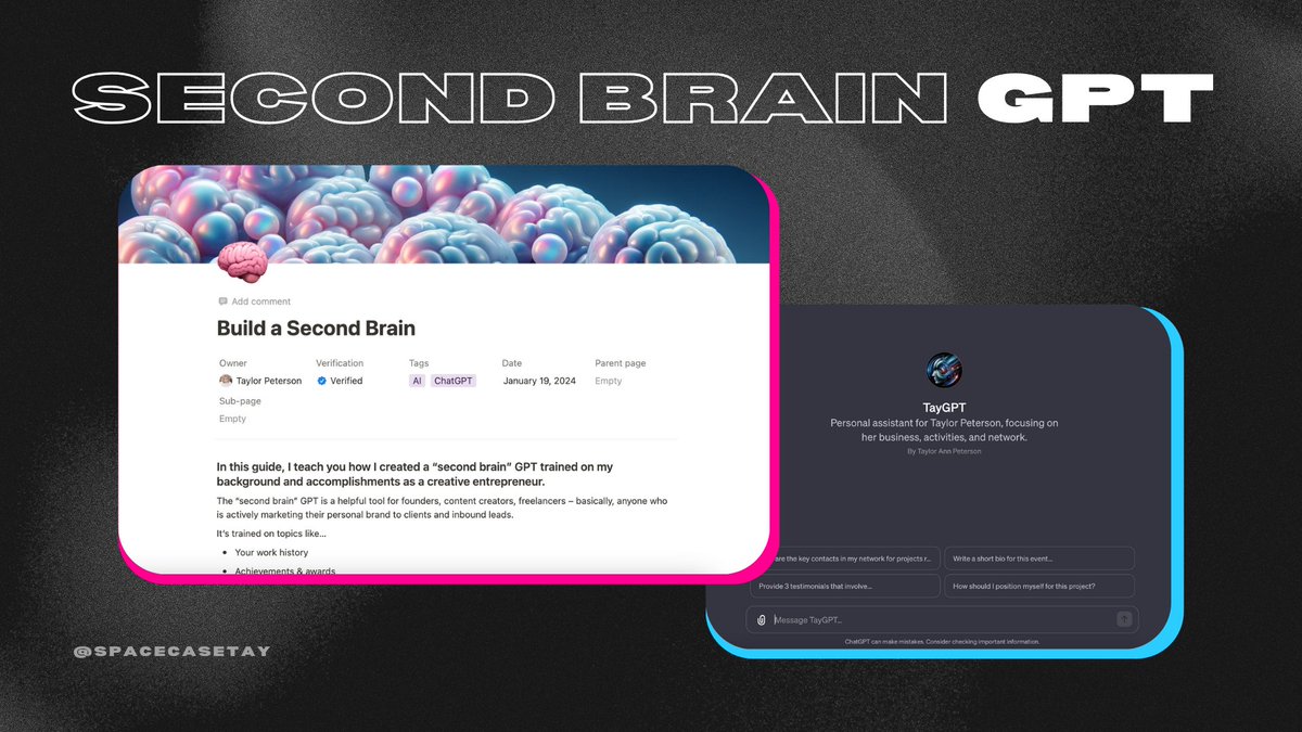 spacecasetay's tweet image. I made a "second brain" GPT! 

Super useful if you're a founder, creator, or freelancer actively marketing your personal brand. 

I use it almost daily for...

• Recalling testimonials from clients
• Quickly pulling info about past projects
• Pitching prospects
• Archiving…