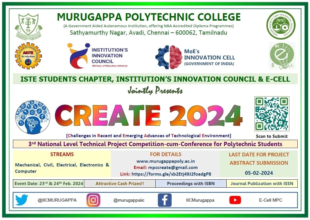 DrKSSekar's tweet photo. ISTE Chapter, ISTE Students Chapter, the IIC, and the E-Cell of our Institution are jointly organizing *3rd National Level Technical Project Competition-cum-Conference "CREATE 2024"* for the Polytechnic College Students on 22nd &amp; 23rd February 2024. https://t.co/KbrjlzEzk7