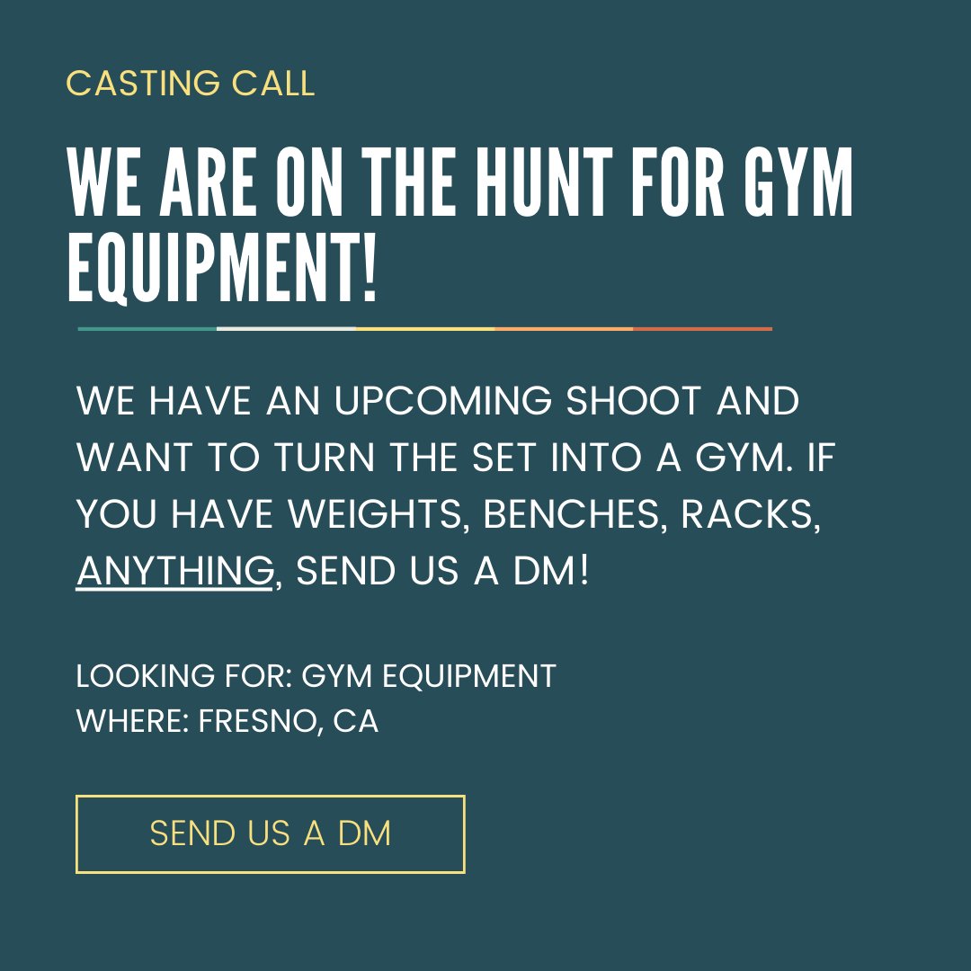 We are on the hunt for gym equipment for an upcoming shoot 🏋️
If you have gym equipment that we can borrow, please send us a dm! 

-
#Backstory #Creative #Gym #Equipment #Commercial #Shoot #Production #Fresno #DowntownFresno #CentralValley #Video #Director #Dp #Producer #Weights