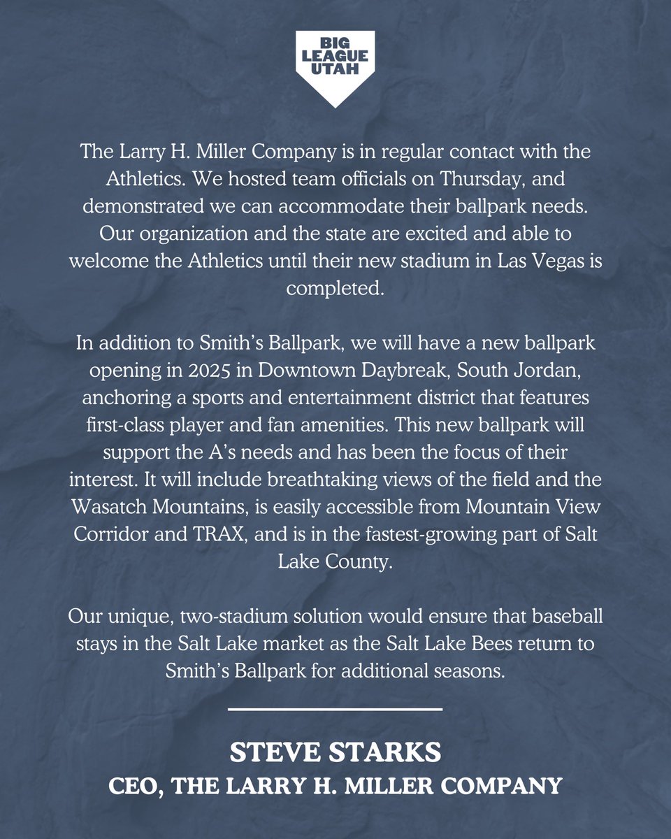 A statement from Steve Starks, CEO of the Larry H. Miller Company, regarding the Athletics visit to Utah Thursday.