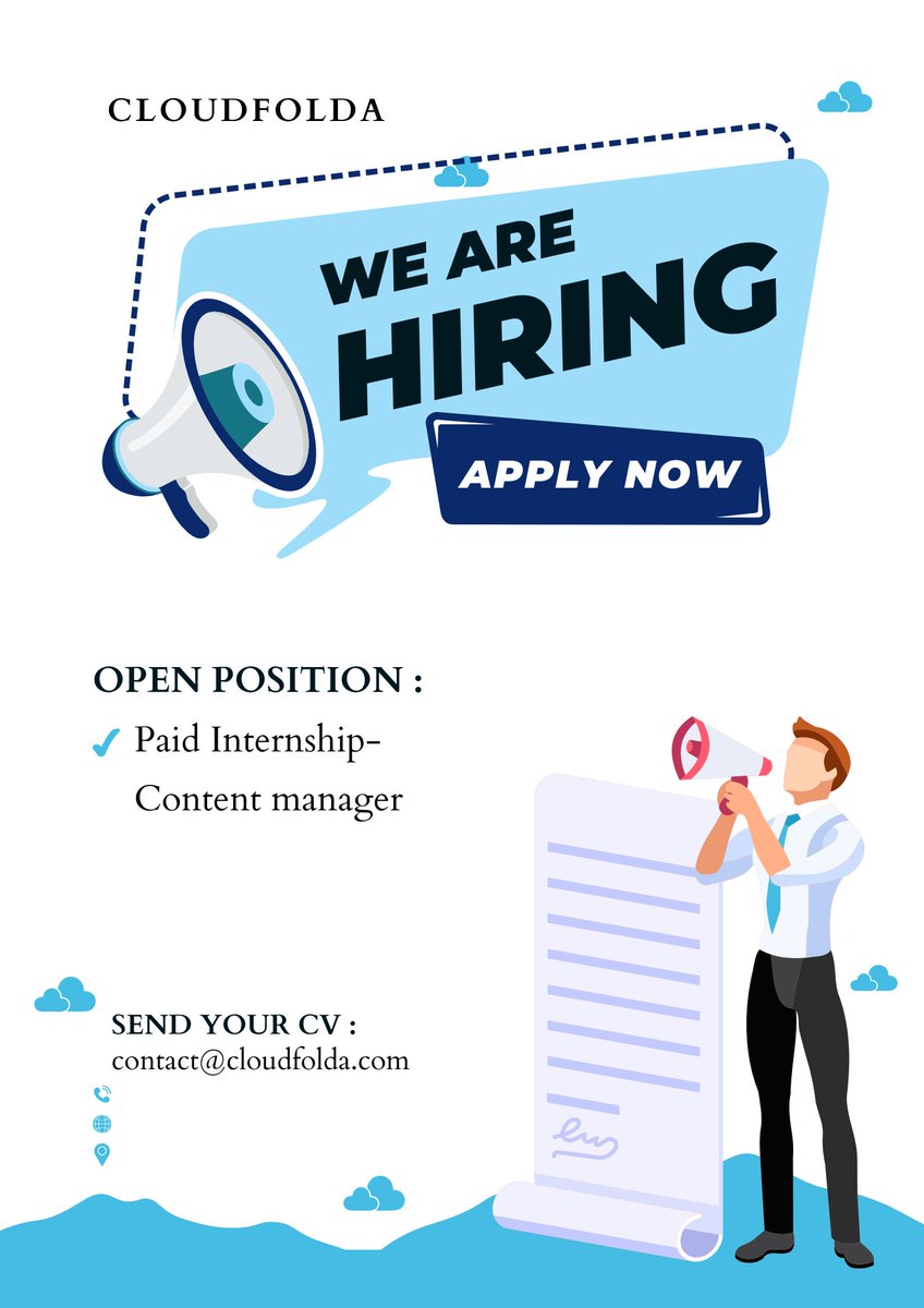 CloudfoldaHQ's tweet photo. This is a paid internship position for a Content Manager. As a Content Manager at Cloud Folda Technologies, you will be responsible for creating, managing, and distributing high-quality content across various online platforms. 
Apply here: https://t.co/NKYkdgyOlg https://t.co/B3iKto8oFw