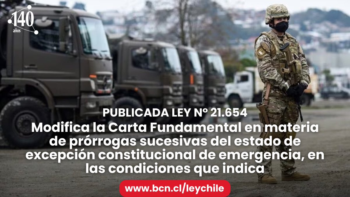 Publicada Ley N° 21.654: Modifica la Carta Fundamental en materia de prórrogas sucesivas del Estado de Excepción Constitucional de Emergencia, en las condiciones que indica.
Disponible en: bcn.cl/3hn19
Link a Historia de la Ley: s.bcn.cl/3hn2h