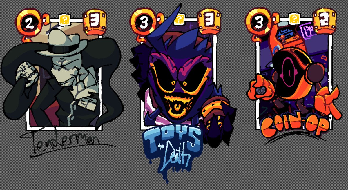 JObjects's tweet image. I saw some friends doing this and I wanted to try it out, so here are some cards of my exes Coin-Op, Toys-to-Death and Tenderman!

Exe card game and templates by
@bumped_bump