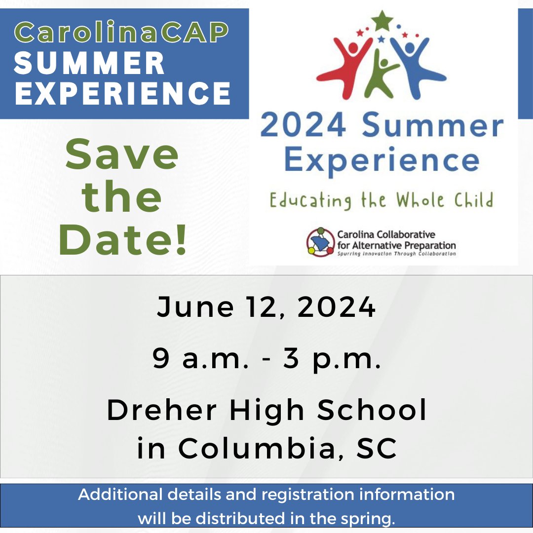 Mark your calendar now for the 2024 CarolinaCAP Summer Experience on June 12 in Columbia, a chance to learn and share while networking with candidates and coaches, school district leadership, and CarolinaCAP team members and advocates. #SpurringInnovation