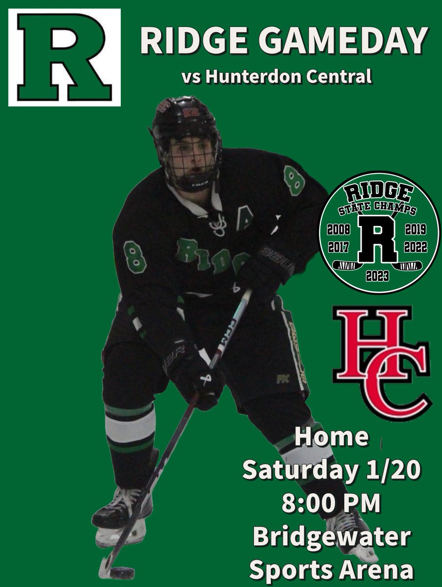 Home Game Saturday 1/20 vs Hunterdon Central 8:00 PM at Bridgewater Sports Arena.  Come out and support the team! <a href="/Ridgegameday/">RIDGE ATHLETICS</a>