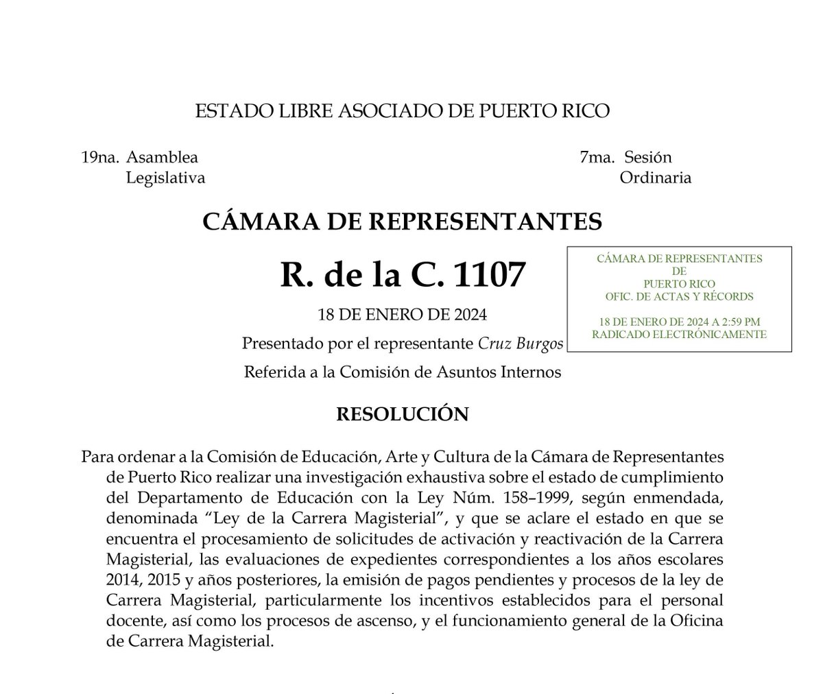 amprnet's tweet photo. El reclamo de la @amprnet y su Local Sindical comienza a ser atendido por la @CamaraConPR.  
Agradecemos a @ramonluispr por hacerse eco de nuestra solicitud y haber sometido la #RC1107 para que se investigue la situación del Programa de #CarreraMagisterial.  

#EnPieDeLucha https://t.co/wEogb8SOQ8