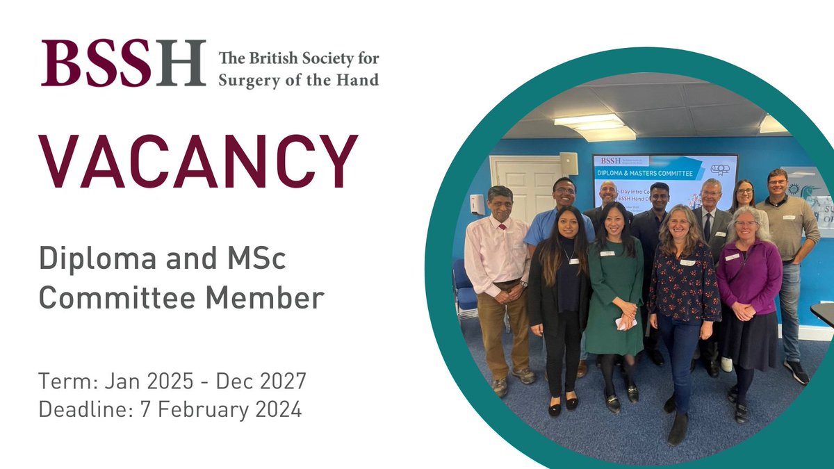 BSSH VACANCY: Diploma &amp; MSc Committee

We are looking for a plastic surgeon (to maintain balance in the committee) to take over responsibility for: Module 5 - Tendon.

Term: Jan 2025 - Dec 2027
Deadline: 7th Feb 2024

Find out more and apply here: buff.ly/3ntjH87