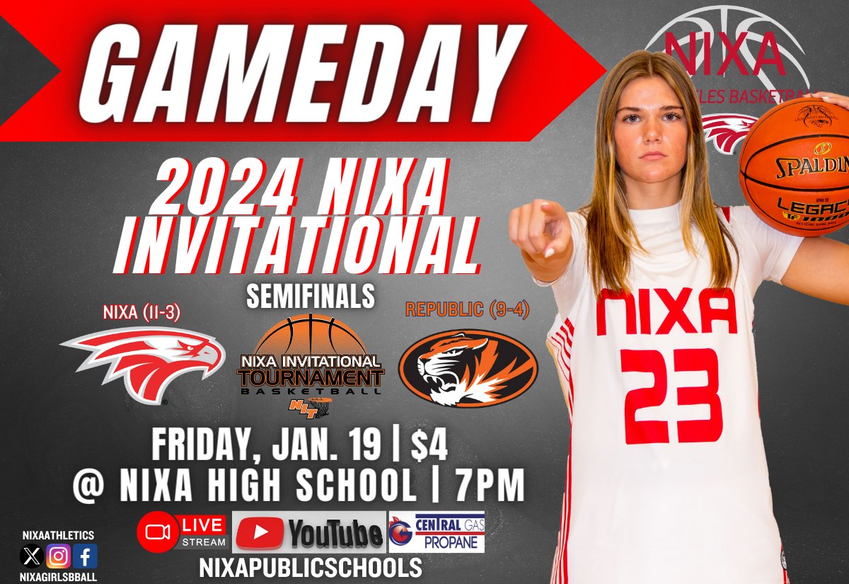 Nixa Athletics (@nixaathletics) on Twitter photo 🏀 #GAMEDAY! 🏀
Following a win vs. Francis Howell Central on Thursday, <a href="/nixagirlsbball/">Nixa Lady Eagles</a> takes the court for the semifinals of the 2024 GNIT in a matchup of COC foes.
🆚 Opponent: Republic
⏰ Game Time: 7pm
🎟️ Admission ($4): nixaathletics.net/tickets
📍 Location: Nixa HS
📺 Live 🏀 #GAMEDAY! 🏀
Following a win vs. Francis Howell Central on Thursday, <a href="/nixagirlsbball/">Nixa Lady Eagles</a> takes the court for the semifinals of the 2024 GNIT in a matchup of COC foes.
🆚 Opponent: Republic
⏰ Game Time: 7pm
🎟️ Admission ($4): nixaathletics.net/tickets
📍 Location: Nixa HS
📺 Live