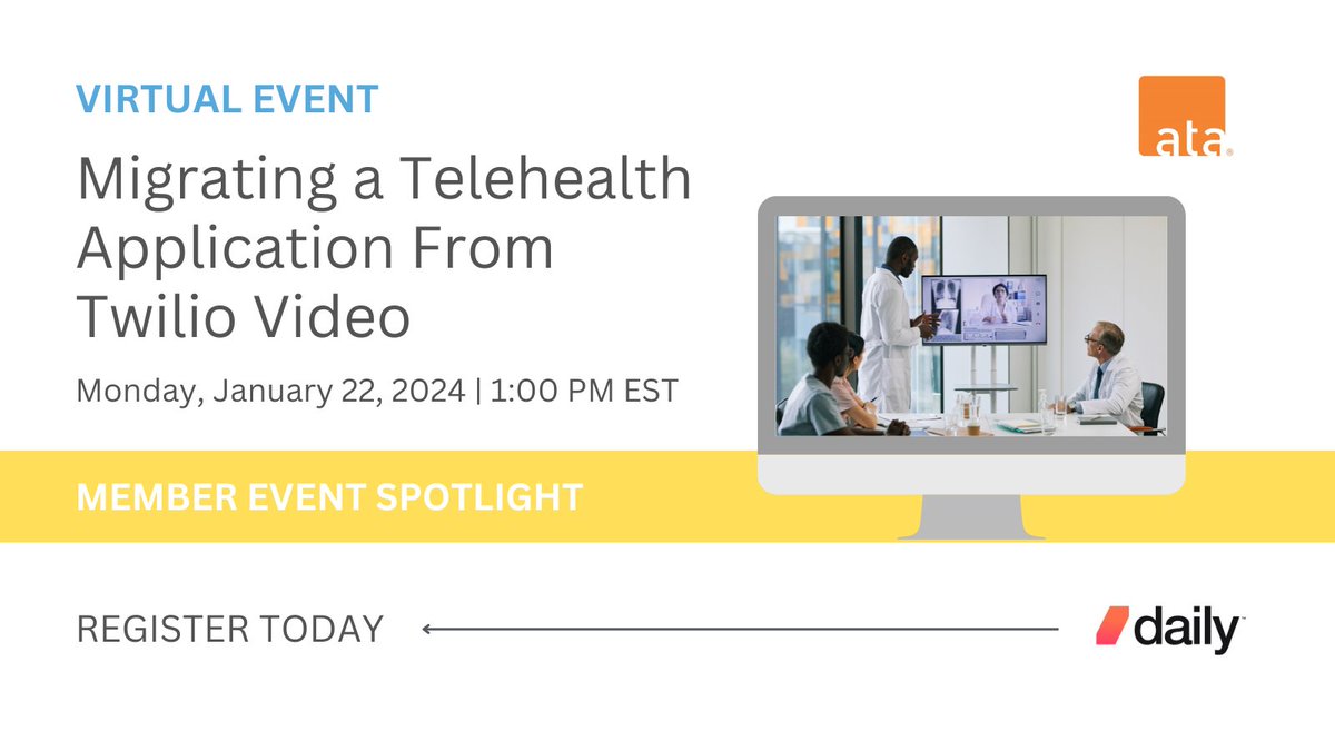AmericanTelemed's tweet image. Twilio Video users, it&apos;s time to migrate! Join a webinar from ATA member, @trydaily for tips on evaluating new vendors, implementing changes, and real-world testing. #TechMigration #WebinarWednesday 🛠️📈 bit.ly/3vvkwB5