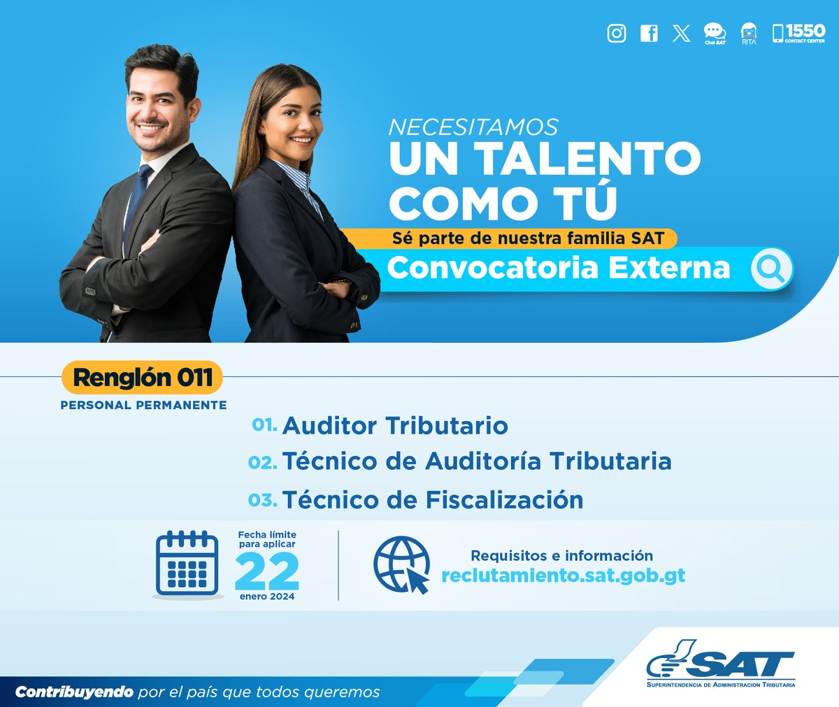 SATGT's tweet image. 🔎 ¡Te estamos buscando!
Estamos contratando personal en renglón 011 (Personal Permanente)
➡️ Plazas disponibles:
• Auditor Tributario
• Técnico de Auditoría Tributaria
• Técnico de Fiscalización
Más información ➡️ reclutamiento.sat.gob.gt