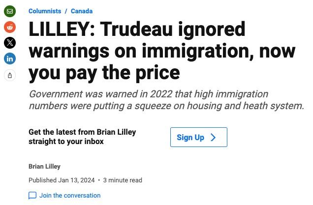 Everyone who is saying for the first time in their lives that immigration in Canada is too high only because it seems like it is 'safe to say it now' since the country is in abject ruin - this is your fault. You should have spoke up when it mattered.