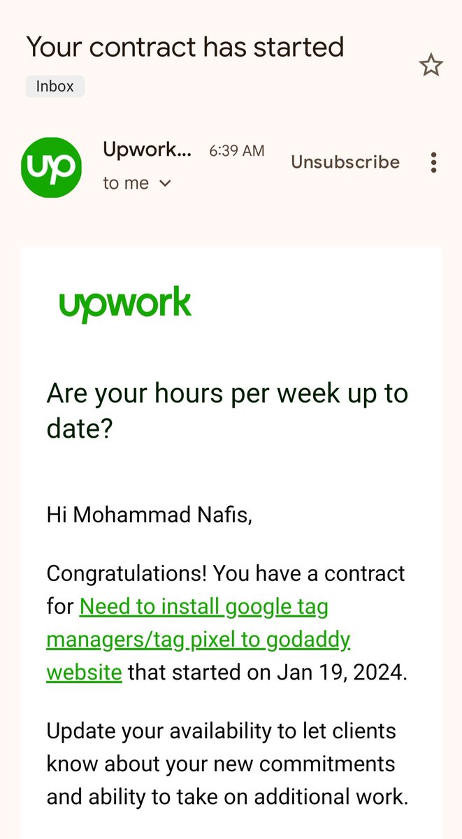 _mohammadnafis's tweet image. Alhamdulliah By The Grace of Almighty Allah😍.Today I got a new contract from a US client.Thanks a lot, @Upwork  for giving me a great platform😎💚 

#UpworkSuccess #FreelanceLife #Gratitude #googleanalytics #googletagmanager #pixelsetup