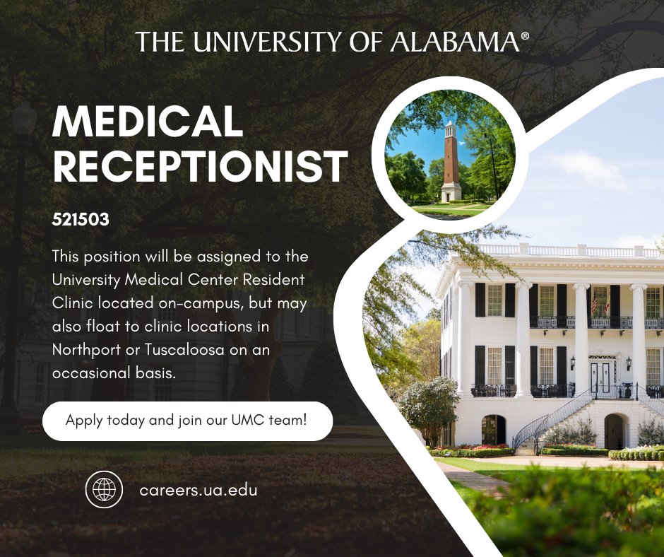 The Medical Receptionist ensures that patient flow is handled in an effective and timely manner.

For more information and to apply:
bit.ly/UAJobs521503

#UAJobs #rolltide #UA #NowHiring #Work4UA #jobs4vets