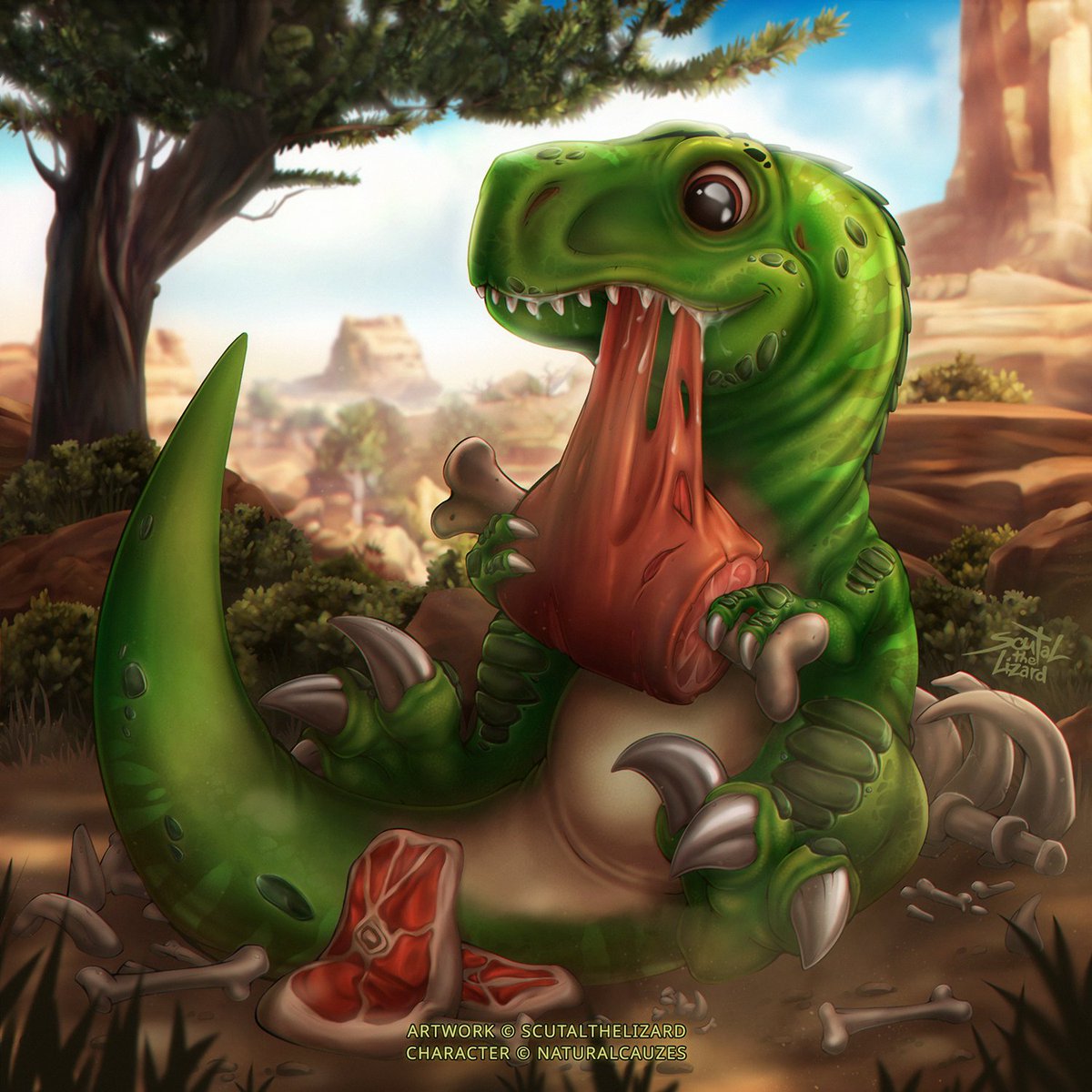 Comm for <a href="/NaturalCauzes/">Naturalcauzes</a>  
Slowly finishing my work on last year's debts. A little late with deadlines (just a little). 😅 We're done with holiday salads and it's time to return to our everyday diet. And, of course, don’t forget about our smaller friends! 🦖🍖🥩