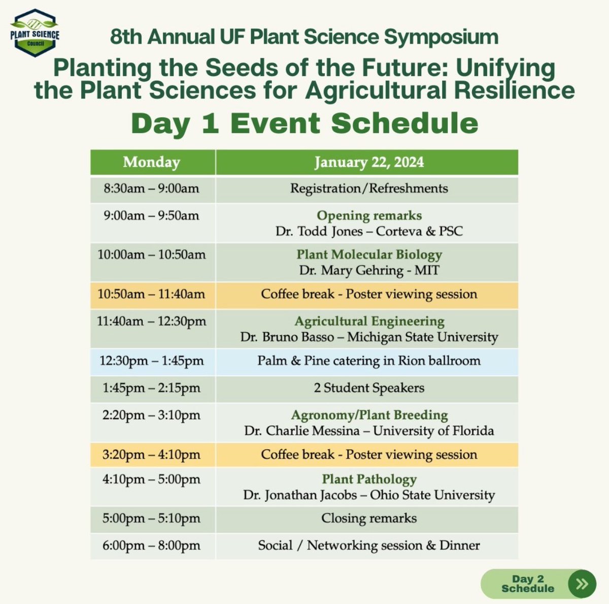 Chrissiebely's tweet image. 🌿 🧬The Countdown Begins! Join us on Monday January 22nd, and Tuesday, January 23rd, for the 8th Annual UF Plant Science Symposium! Secure your spot by registering through this link: [ufplants.org].

#UFPlantScienceSymposium 
#PlantScience 
#ResearchEvent
@corteva