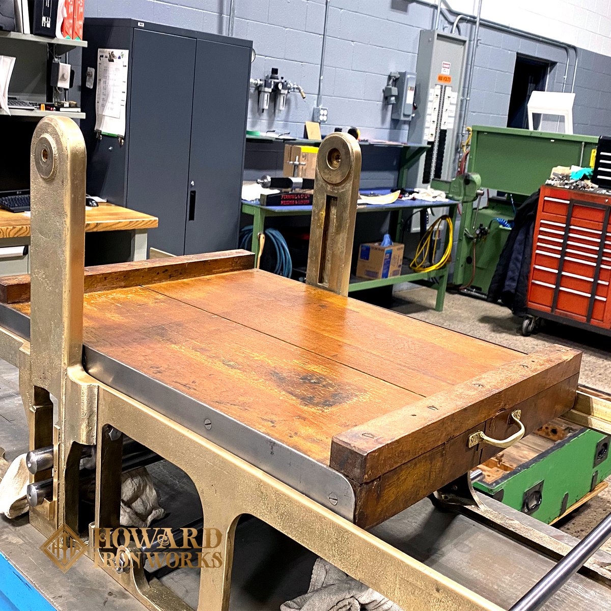 HowardIronWorks's tweet photo. The work on the #Furnival #Lithographic press, with all brass frames, is progressing. Once again, rubber bands have proven helpful in the HIW restoration shop. Stay tuned! #printingmuseum #printinghistory #museumrestoration #tgif https://t.co/uImgnh7j4r