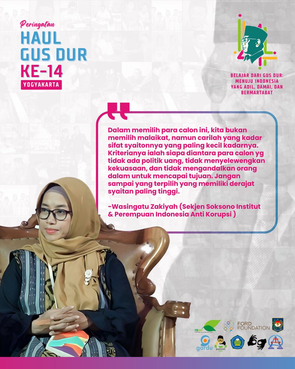 Wasingatu Zakiyah mngatakan bhwa politik uang mrupakan ancaman serius bagi demokrasi. Ia mengajak masyarakat untk mnolak politik uang dgn cra tdk mmberikan suara kpd calon pemimpin yg trlibat politik uang. <a href="/GUSDURians/">Jaringan GUSDURian</a> 
#HaulGusDur14 #GUSDURian #GUSDURianJogja #GarduPemilu #GusDur