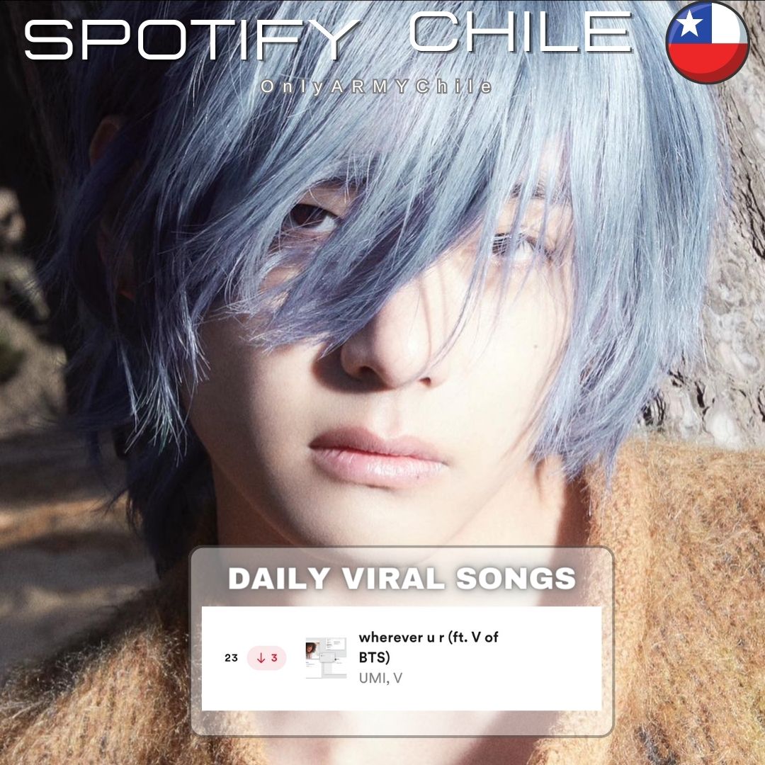 📊CHARTS | SPOTIFY DAILY VIRAL SONGS CHILE 🇨🇱 #whereverUR bajó nuevamente de posición y se ubica en el puesto 23. Sigamos apoyando CH ARMY! Escucha la canción y luego comparte en rrss, de esta forma ayudas a subir y a ingresar más tracks! RECUERDA ✓Reproducir ✓Compartir