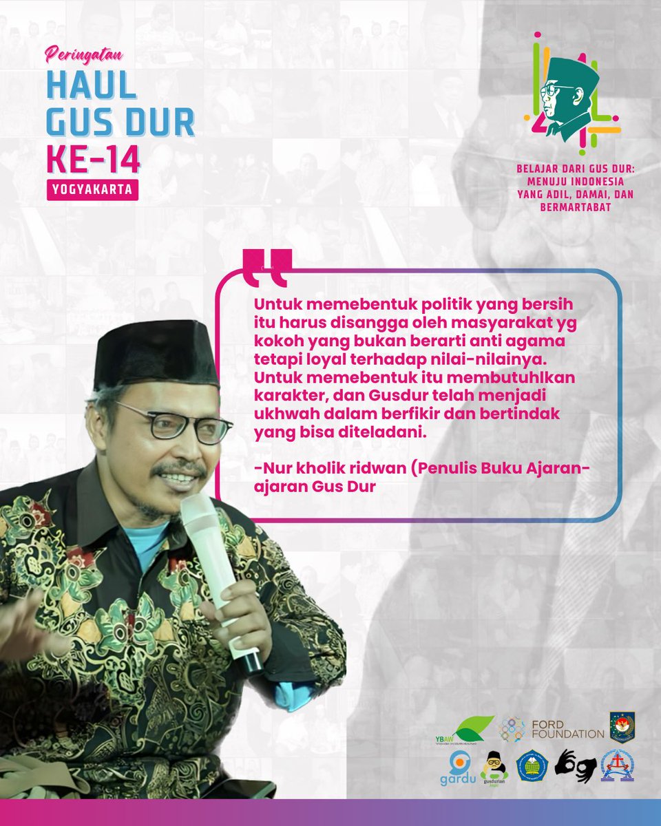 Nur Kholik Ridwan mengatakan bahwa untuk membentuk politik yang bersih, masyarakat harus memiliki karakter yang kuat. Karakter ini harus dibangun berdasarkan nilai-nilai agama dan kemanusiaan.
<a href="/GUSDURians/">Jaringan GUSDURian</a> 
#HaulGusDur14 #GUSDURian #GUSDURianJogja #GarduPemilu #GusDur