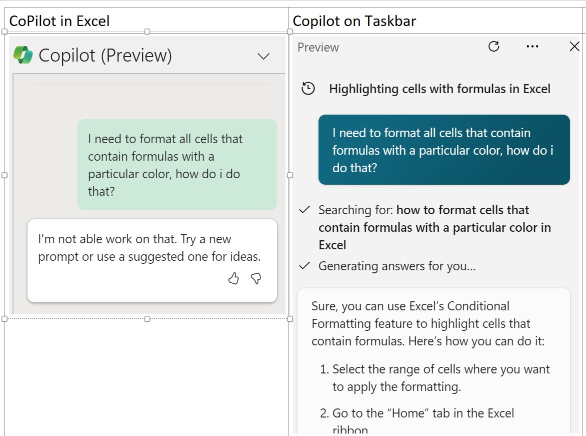 Let me get this straight, #microsoftcopilotpro, if I need help writing a Formula, I can't ask #copilotpro in Excel, I need to ask it's little brother on the taskbar? Can we expect Copilot in Excel to be able to answer these types of questions soon?