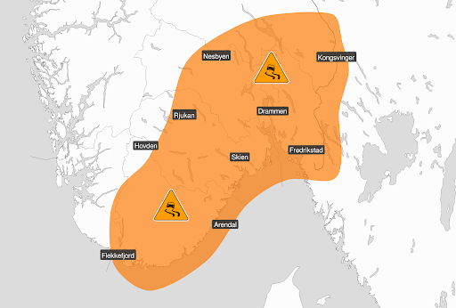 Meteorologene's tweet photo. Vi har sendt ut oransje farevarsel for svært vanskelige kjøreforhold på Sør- og Østlandet på mandag. I helgen får vi overgang til mildvær. Mandag kan gi ekstra store utfordringer med regn som fryser på bakken og underkjølt nedbør.  Ikke kjør hvis du ikke må⚠️ https://t.co/hfYDcDgoMF