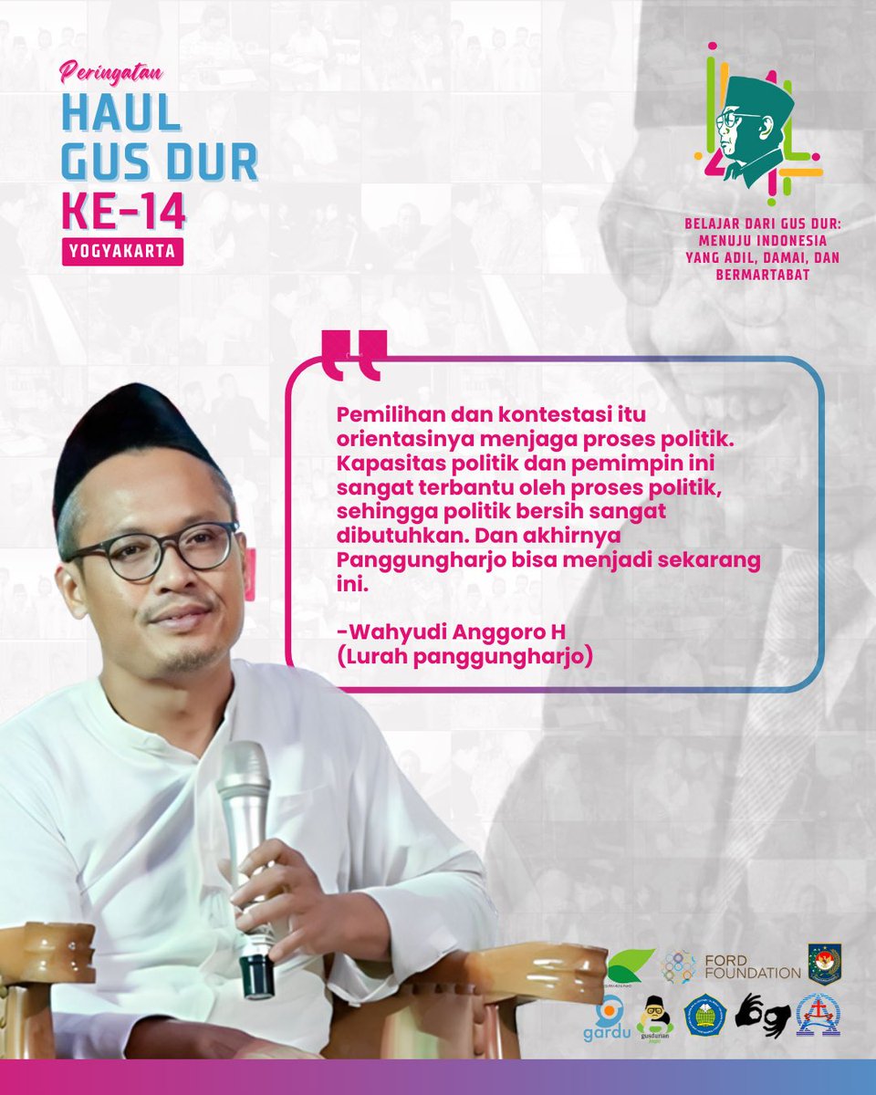 Wahyudi Anggoro Hadi mnyampaikan pandangannya tentang demokrasi di tngkat desa. Ia mngatakan bahwa demokrasi di desa sangat penting untk mnjaga proses politik &amp; pengembangan kapasitas politik dan pemimpin.
<a href="/GUSDURians/">Jaringan GUSDURian</a> 
#HaulGusDur14 #GUSDURian #GUSDURianJogja #GarduPemilu #GusDur