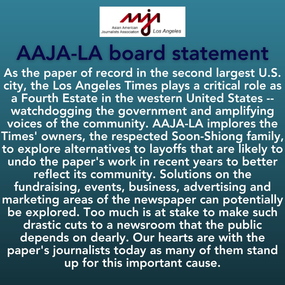 Our hearts are with the @latimes as its employees speak up for journalism today. Here is a statement on the recent news from the AAJA-LA board: