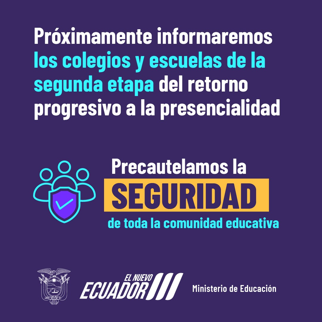 Educacion_Ec's tweet photo. 🗣️ATENCIÓN⚠️ | El lunes, 22 de enero, regresan a la presencialidad 8.178 escuelas y colegios fiscales, fiscomisionales, municipales y particulares a nivel nacional🏫 en una primera etapa.

Los rectores y docentes informarán HOY directamente a los estudiantes y sus representantes que retornan el lunes a clases presenciales.

NO van a regresar a la presencialidad ninguno de los planteles que están en la provincia de Guayas, Esmeraldas y Los Ríos; y, los cantones Pedernales y Distrito Metropolitano de Quito.  

¡Priorizamos la seguridad de la comunidad educativa!

Informaremos oportunamente la fecha del retorno de la segunda etapa.

#ElNuevoEcuador