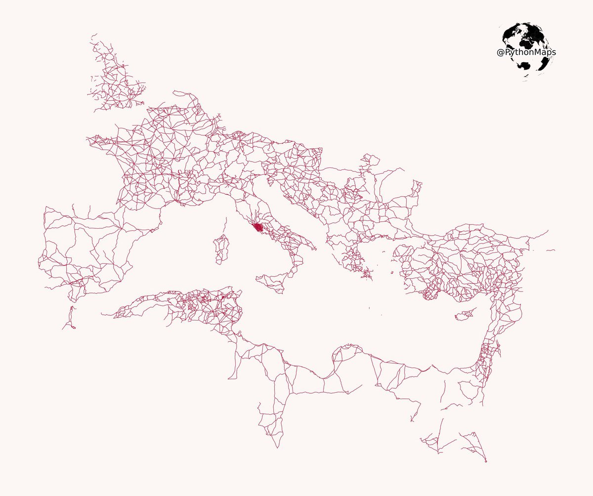 PythonMaps's tweet photo. Pythonmaps is celebrating its 3 year anniversary. Which is pretty crazy. Here’s a throwback to where it all began. 

All roads lead to Rome. This map is visualises the famous roads built by the Roman empire. 
#Python #Data #DataScience #Rome #DataVisualization https://t.co/fYvJOx3ZdZ
