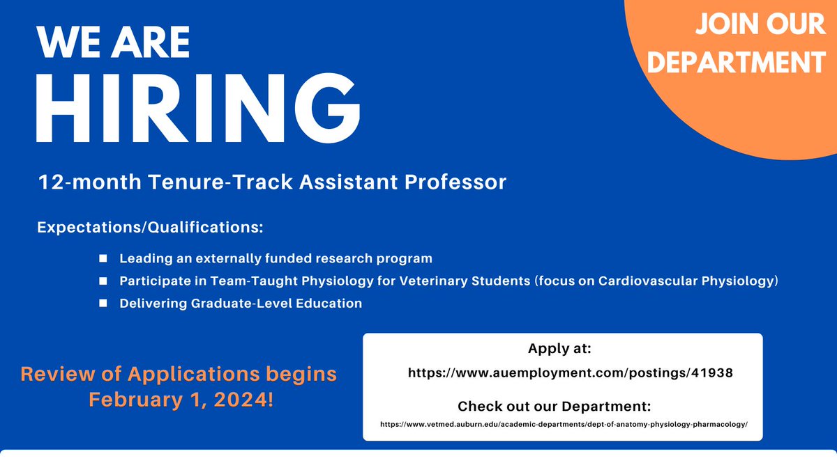 Are you in the market for a Tenure-Track Position in Physiology or Pharmacology?  Can you teach Cardiovascular Physiology?  Then we have a position for you!!
#AcademicChatter #academicjobs #faculty <a href="/ASPET/">ASPET</a> <a href="/APSPhysiology/">American Physiological Society</a> <a href="/NatureCareers/">Nature Careers</a> <a href="/ScienceCareers/">Science Careers</a> 

auemployment.com/postings/41938
