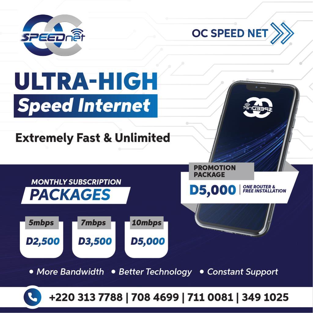 🌐OUR INTERNET PACKAGES 

🔵9.5K(10Mbps)-D5K Monthly
🔵8.0K (7Mbps)-D3.5K Monthly 
🔵6.5K (5Mbps)-D2.5K Monthly

 Select your Preferred Plan Now🚀

☎️Contact us now: +2203137788 
/+220 7084699

 #speednetgambia #internetprovider 
#thegambia #gambian #fastandreliable