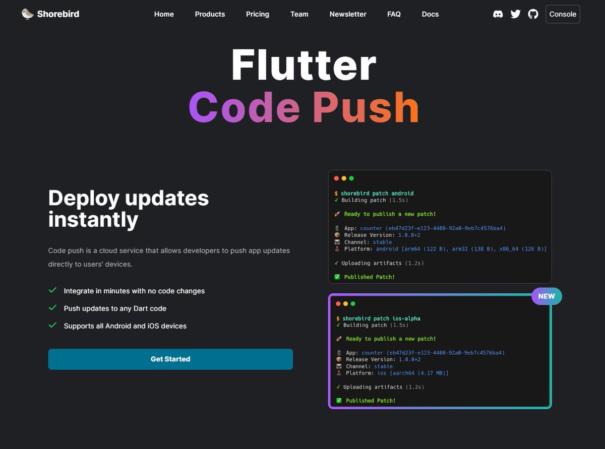 Nikhilsomansah's tweet image. Code push is available now on flutter.
Instantly deploy updates with Code Push! Integrate in minutes with zero code changes. Push updates seamlessly to any Dart code on Android and iOS devices.  #CodePush #MobileAppDev #UpdateInMinutes #flutterdev #flutterappdevelopment #iosdev