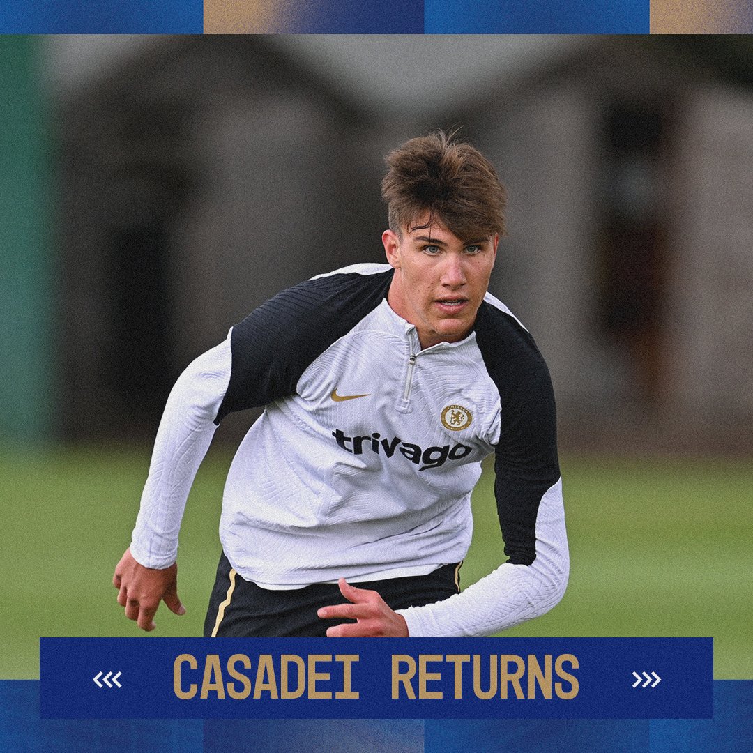 ChelseaFC's tweet photo. Cesare Casadei has been recalled from his loan spell at Leicester City.