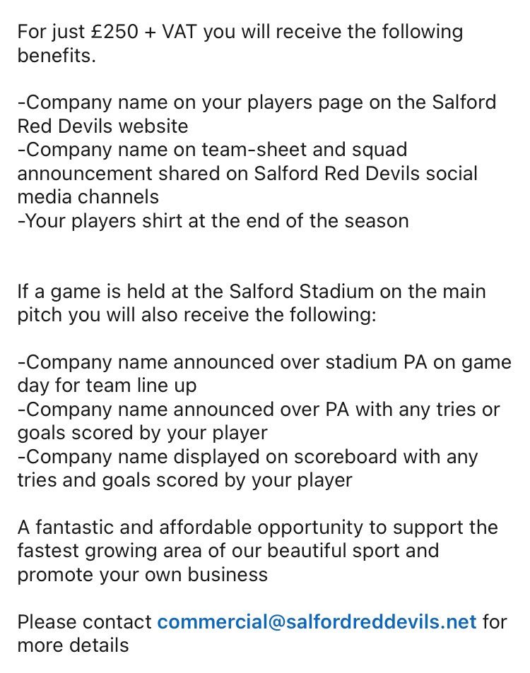 Delighted to announce that individual player sponsorship for our <a href="/SalfordDevils/">Salford Red Devils 👹</a> women’s team is now available to for the 2024 season.