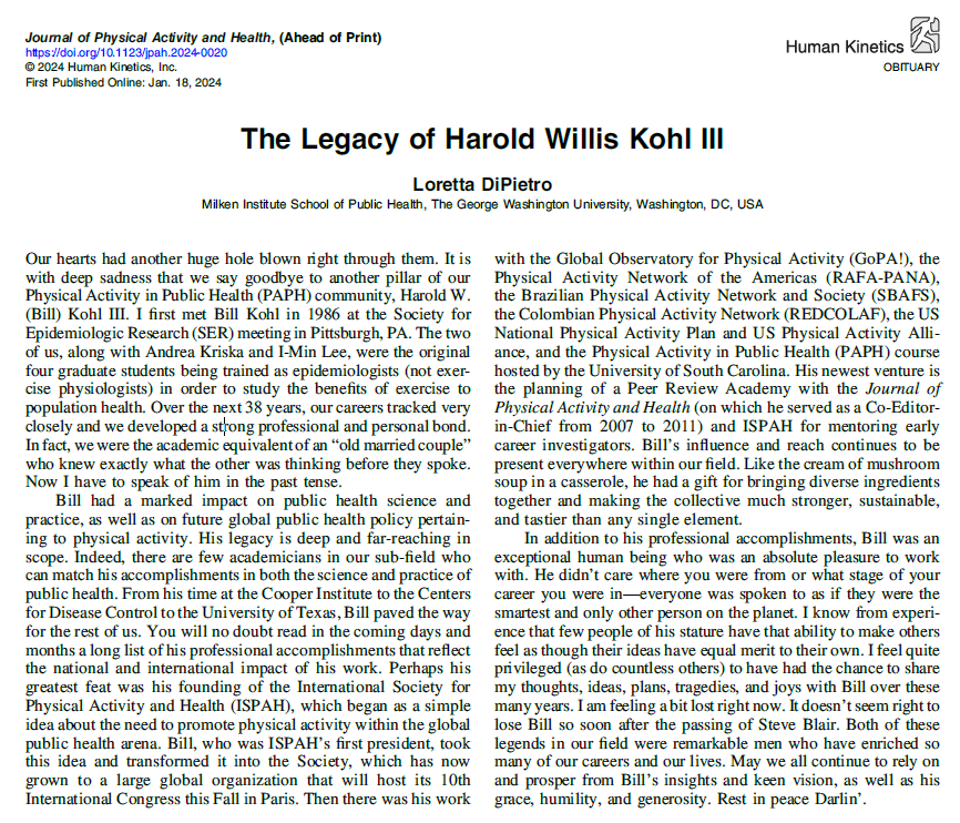 JPAH Editor Emerita Loretta DiPietro wrote a heartfelt tribute to <a href="/billkohl/">Bill Kohl</a>:

"We were the academic equivalent of an 'old married couple' who knew exactly what the other was thinking before they spoke. Now I have to speak of him in the past tense." 😢

🔗doi.org/10.1123/jpah.2…