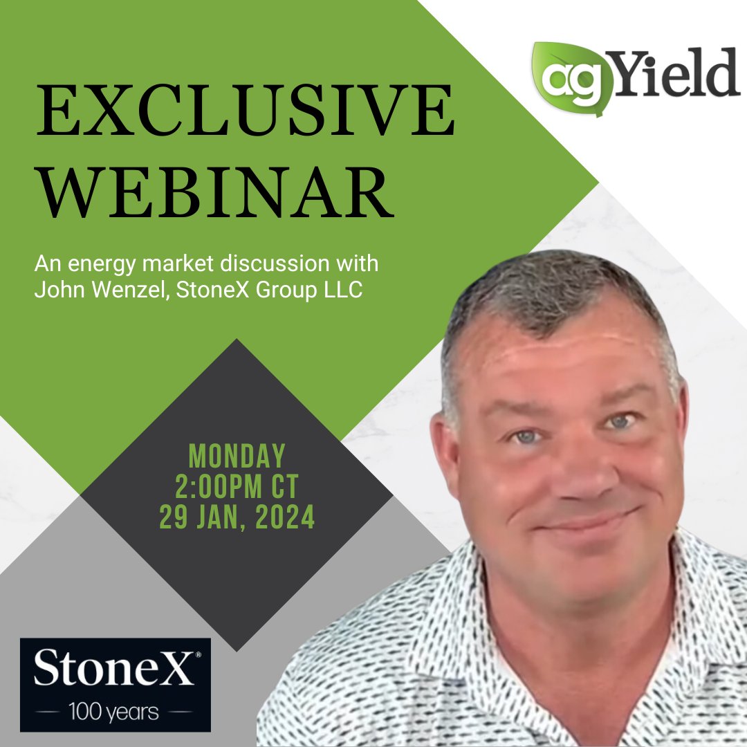 AgYield's tweet image. We’re thrilled to announce an AgYield customer exclusive webinar: a discussion with energy market expert John Wenzel!

Check your inbox for your invitation and secure a spot today! More information below. 

DATE: Monday, January 29th 

TIME: 2:00pm CT

ABOUT JOHN: John is a risk…